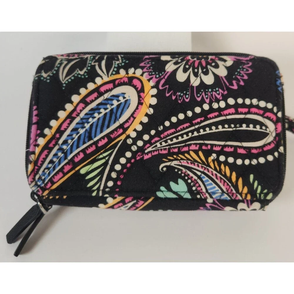 Vera Bradley Black Cotton Double Zipper Wristlet Wallet Floral Flowers